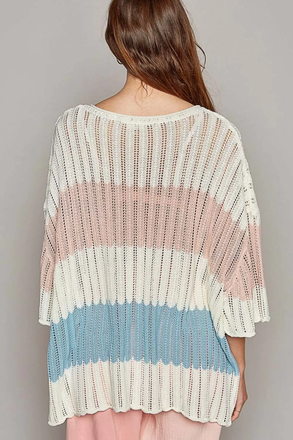 V-Neck Short Sleeve Stripe Weave Sweater