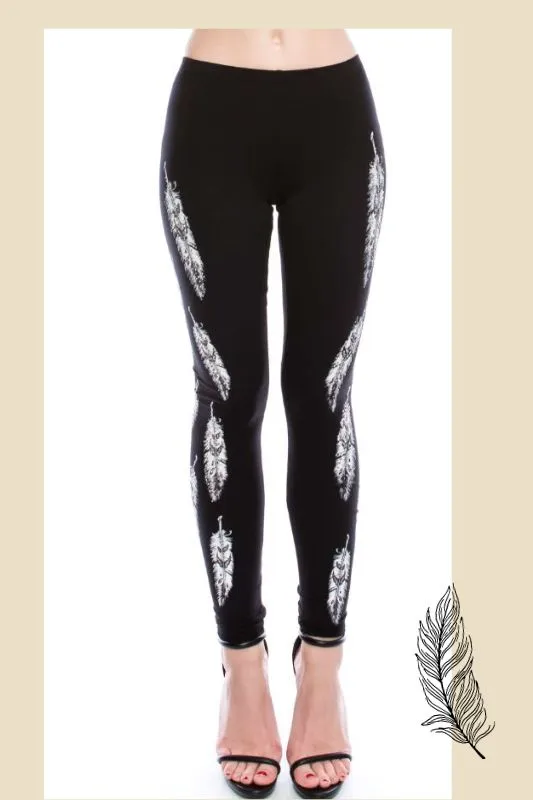 Vocal Feather Print Rhinestone Leggings - Black/Tan