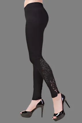 Vocal Floral Applique Rhinestone Leggings - Black