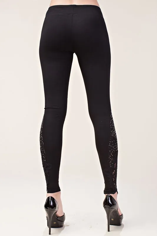 Vocal Floral Applique Rhinestone Leggings - Black