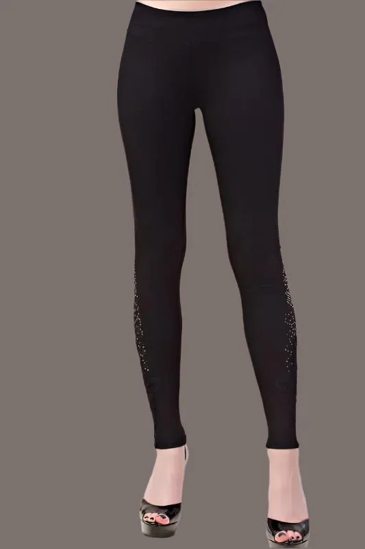 Vocal Floral Applique Rhinestone Leggings - Black