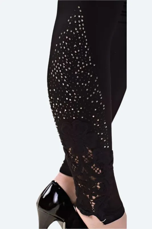 Vocal Floral Applique Rhinestone Leggings - Black