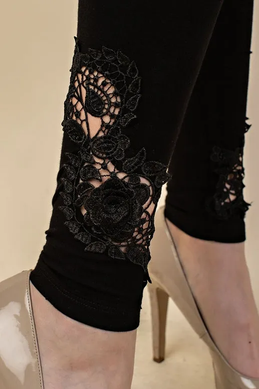 Vocal Flower Leaf Lace Leggings - Black