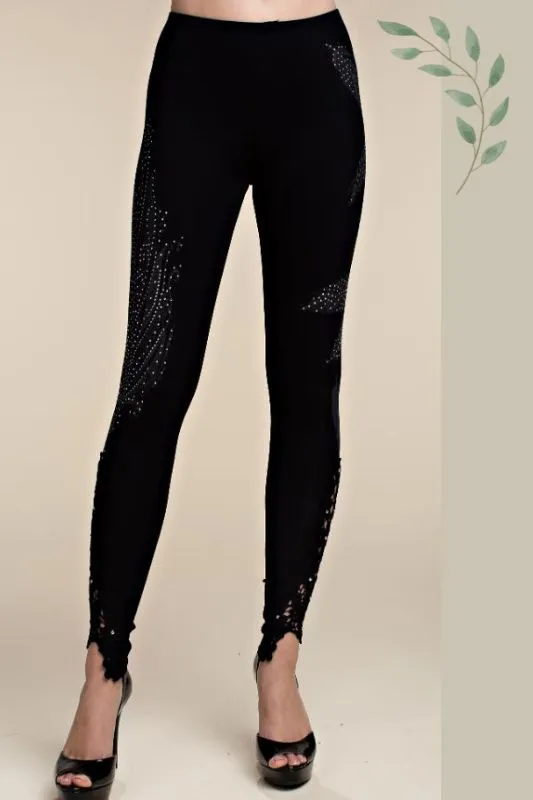 Vocal Leaf Print Rhinestone Leggings - Black