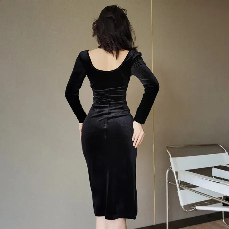 Wjczt Elegant Gown Long Dress Evening Club Outfits for Women Gloves Sleeve Velvet Sexy Slit Maxi Dresses Ruched Dresses Vestidos