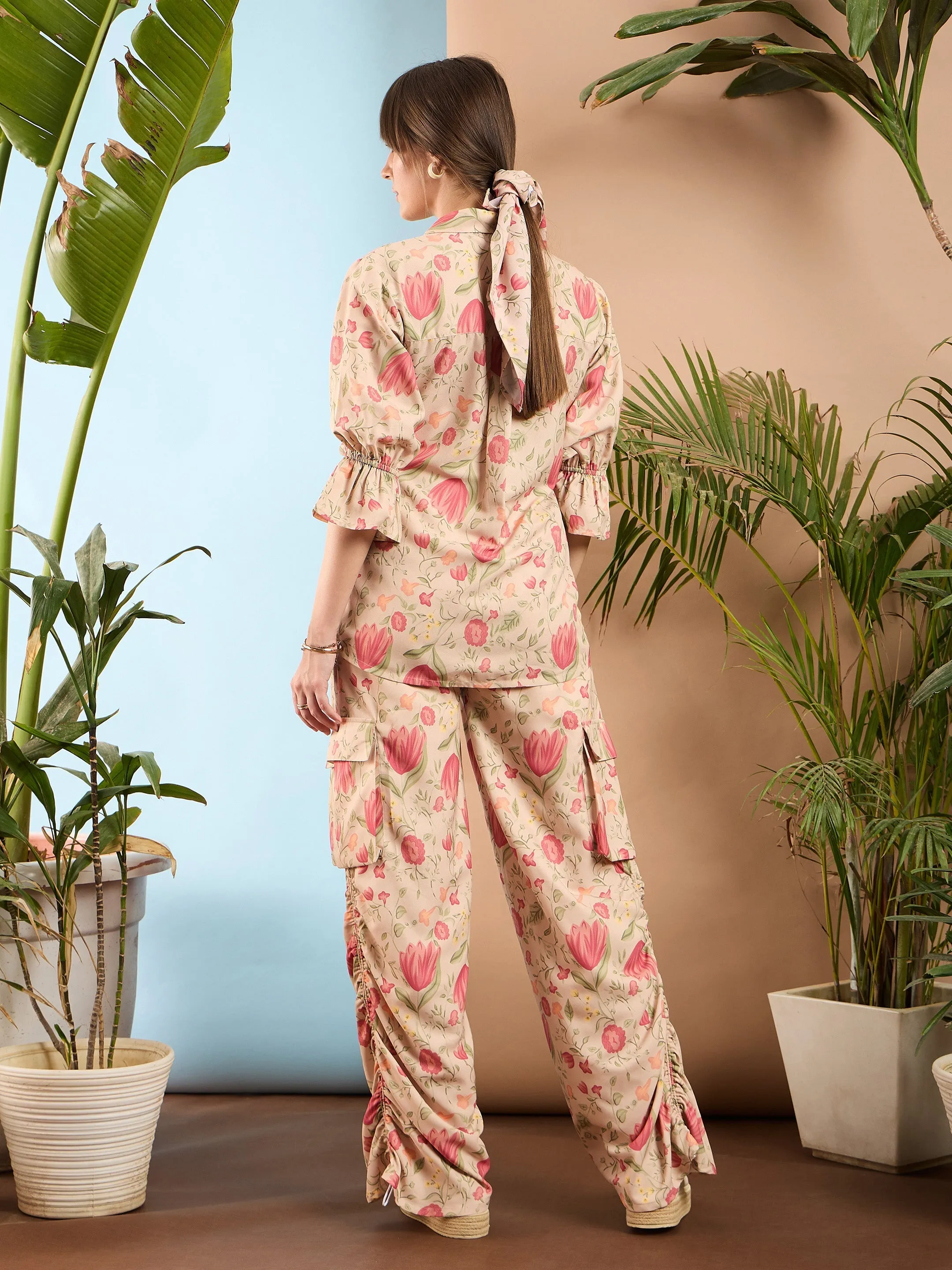 Women Beige Floral Side Tie Shirt With Ruched Cargo Pants