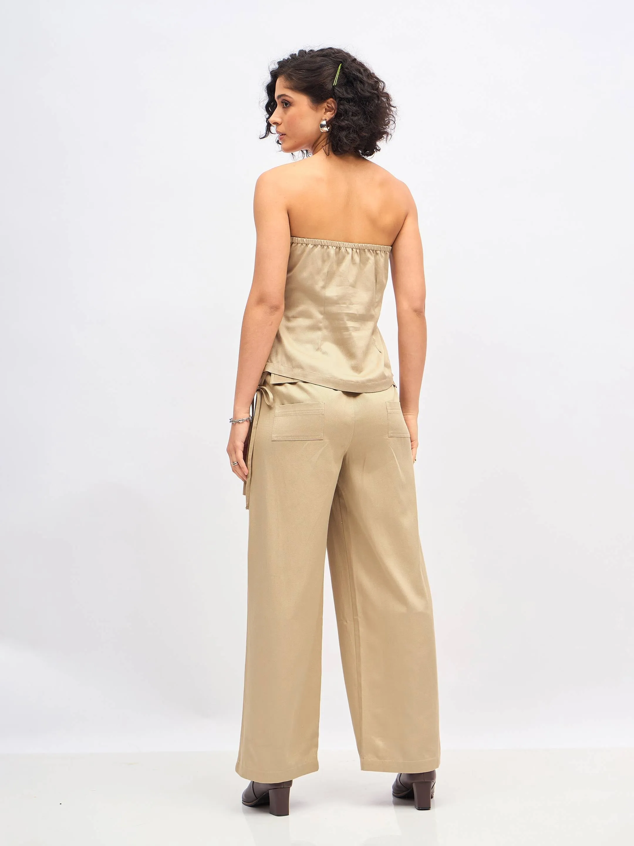 Women Beige Twill Front Zip Corset Top With Cargo Pants