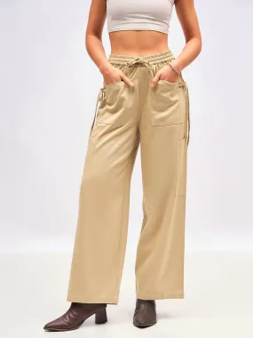 Women Beige Twill Waist Drawstring Cargo Pants