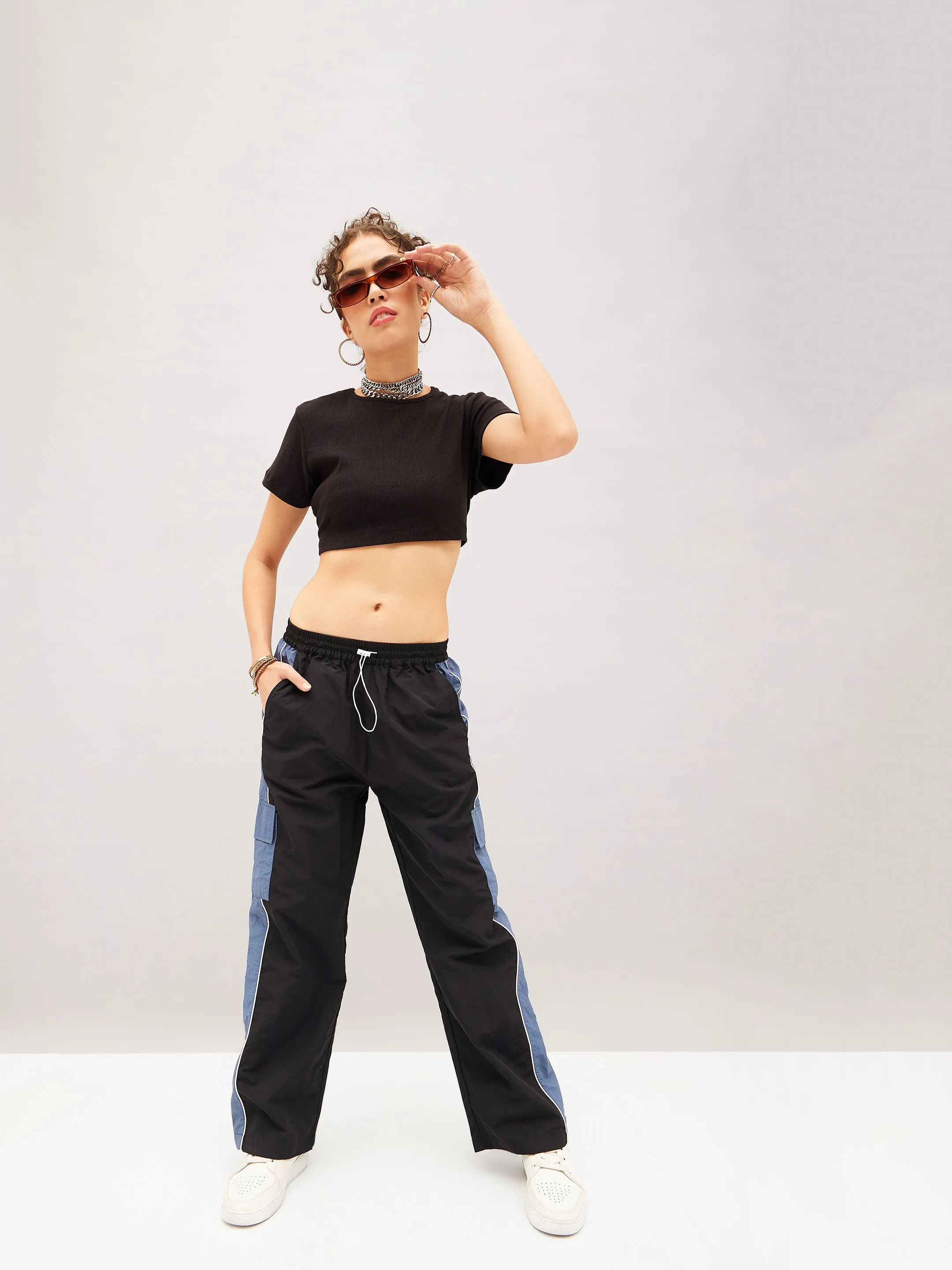 Women Black Colour Block Cargo Parachute Pants