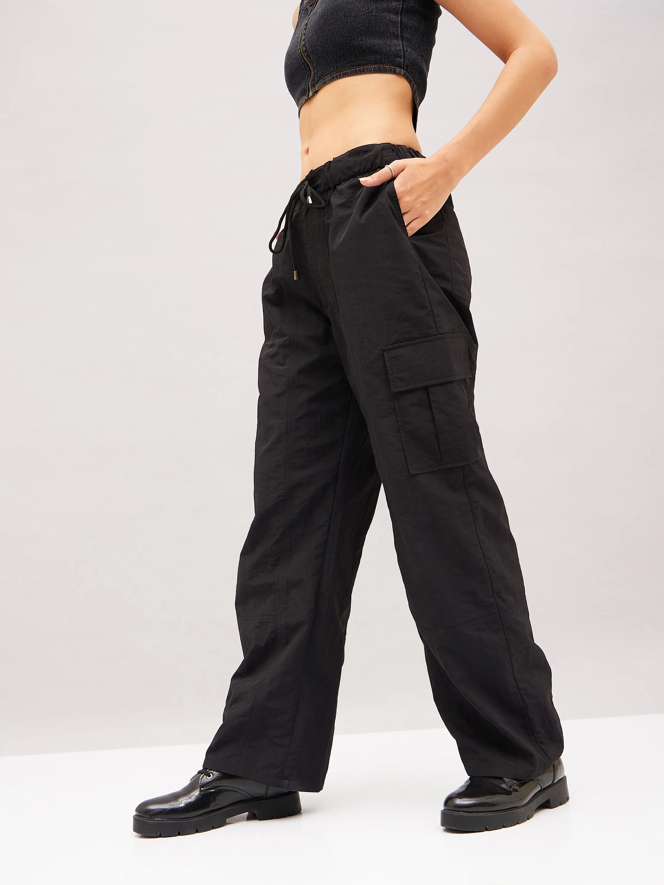 Women Black Flap Pocket Cargo Parachute Pants