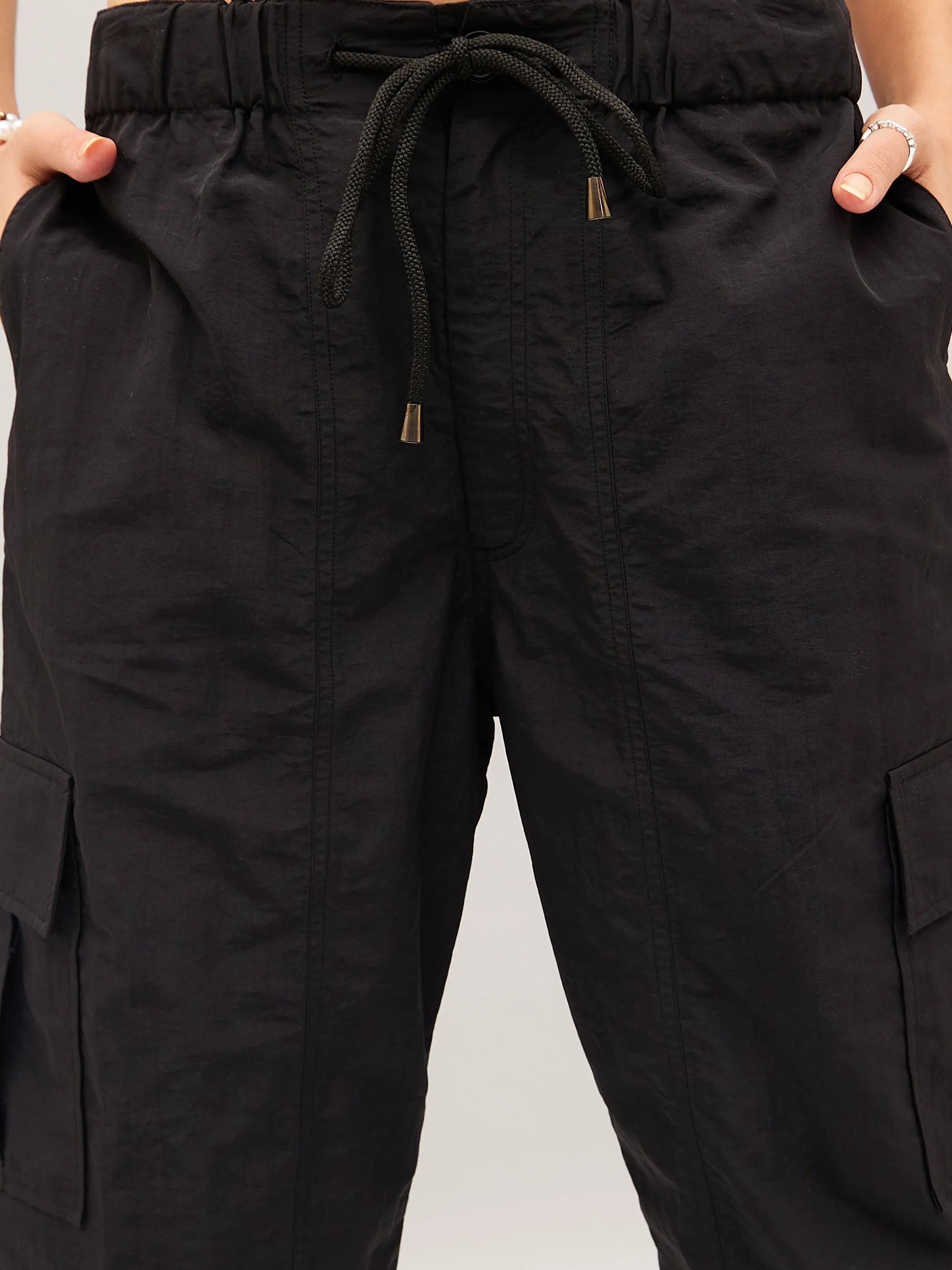 Women Black Flap Pocket Cargo Parachute Pants