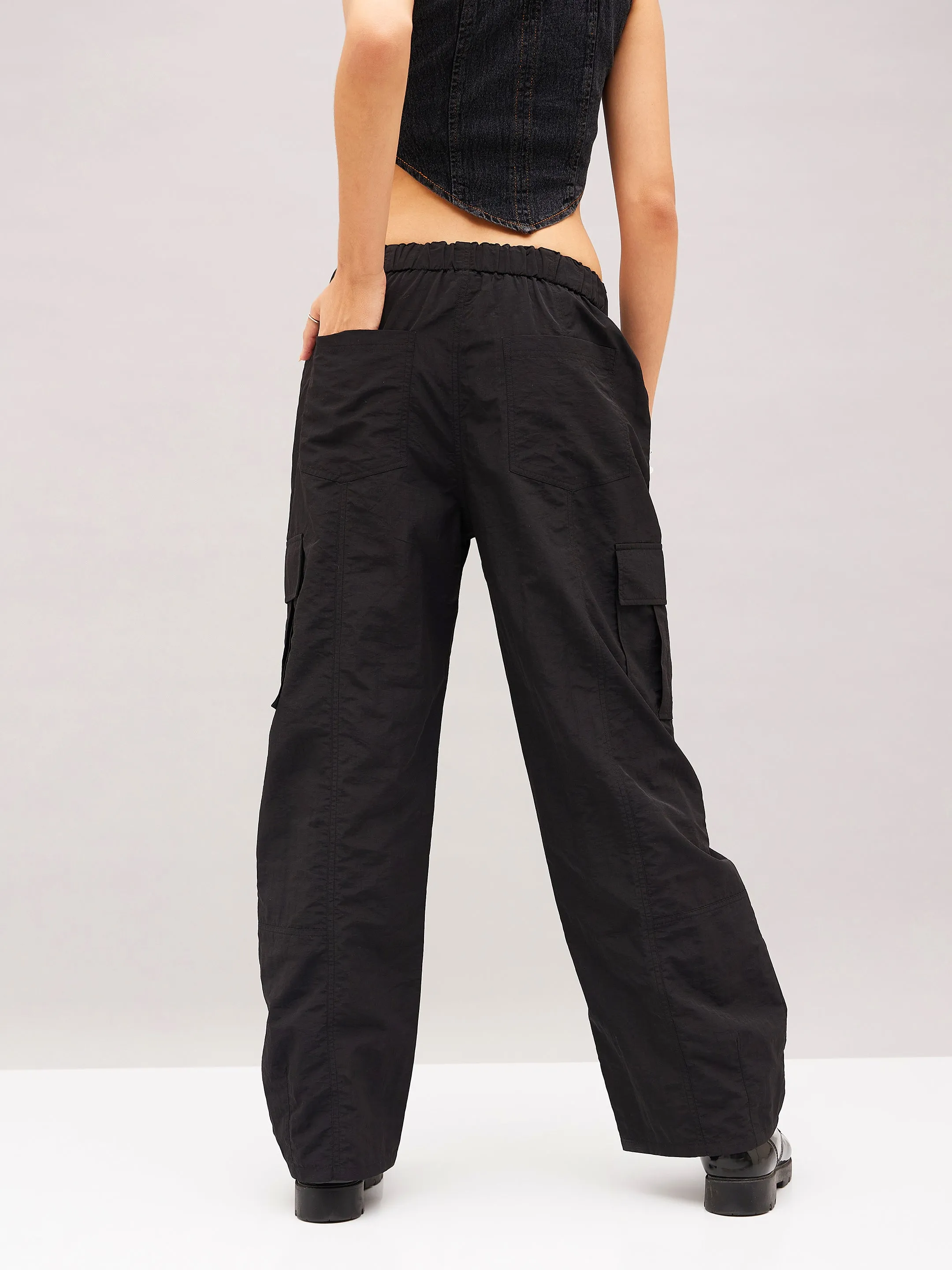 Women Black Flap Pocket Cargo Parachute Pants