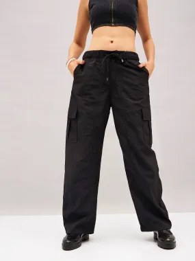 Women Black Flap Pocket Cargo Parachute Pants