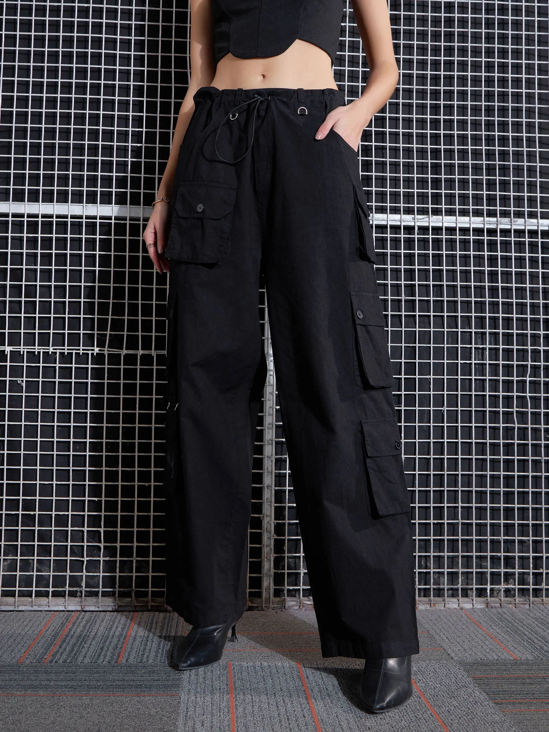 Women Black Poplin Multi Pocket Cargo Pants