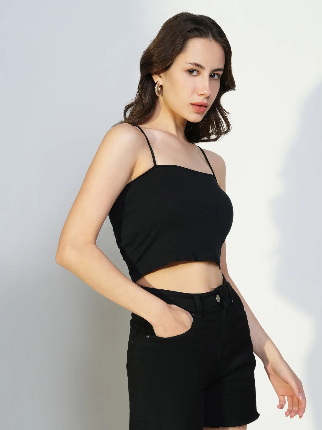 Women Black Solid Crochet Top with Inner Slip