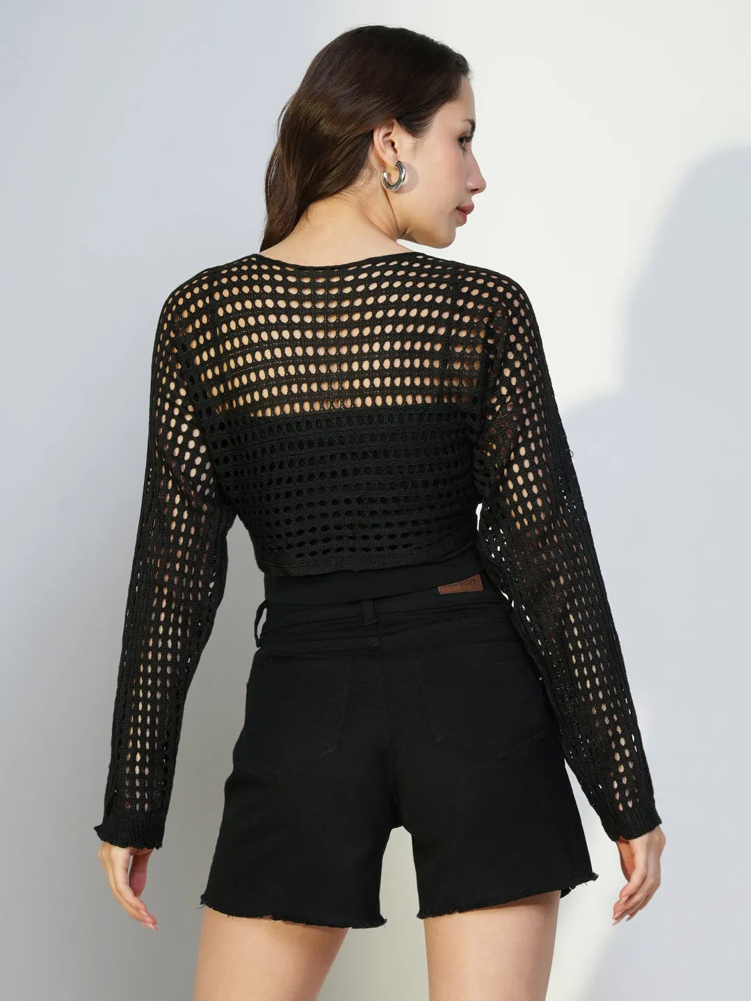 Women Black Solid Crochet Top with Inner Slip