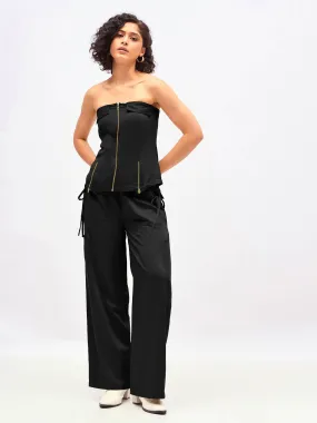 Women Black Twill Front Zip Corset Top With Cargo Pants