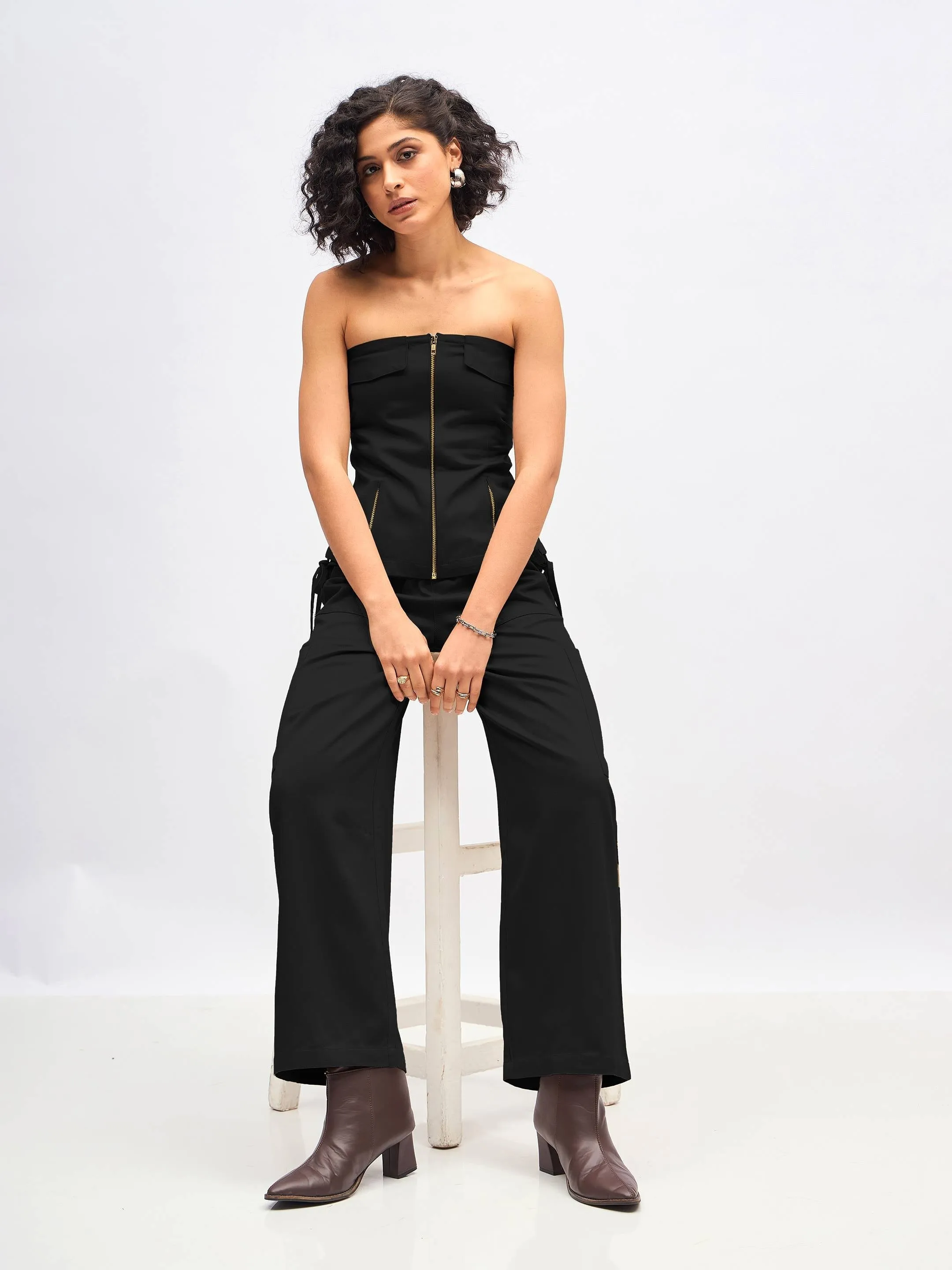 Women Black Twill Front Zip Corset Top With Cargo Pants