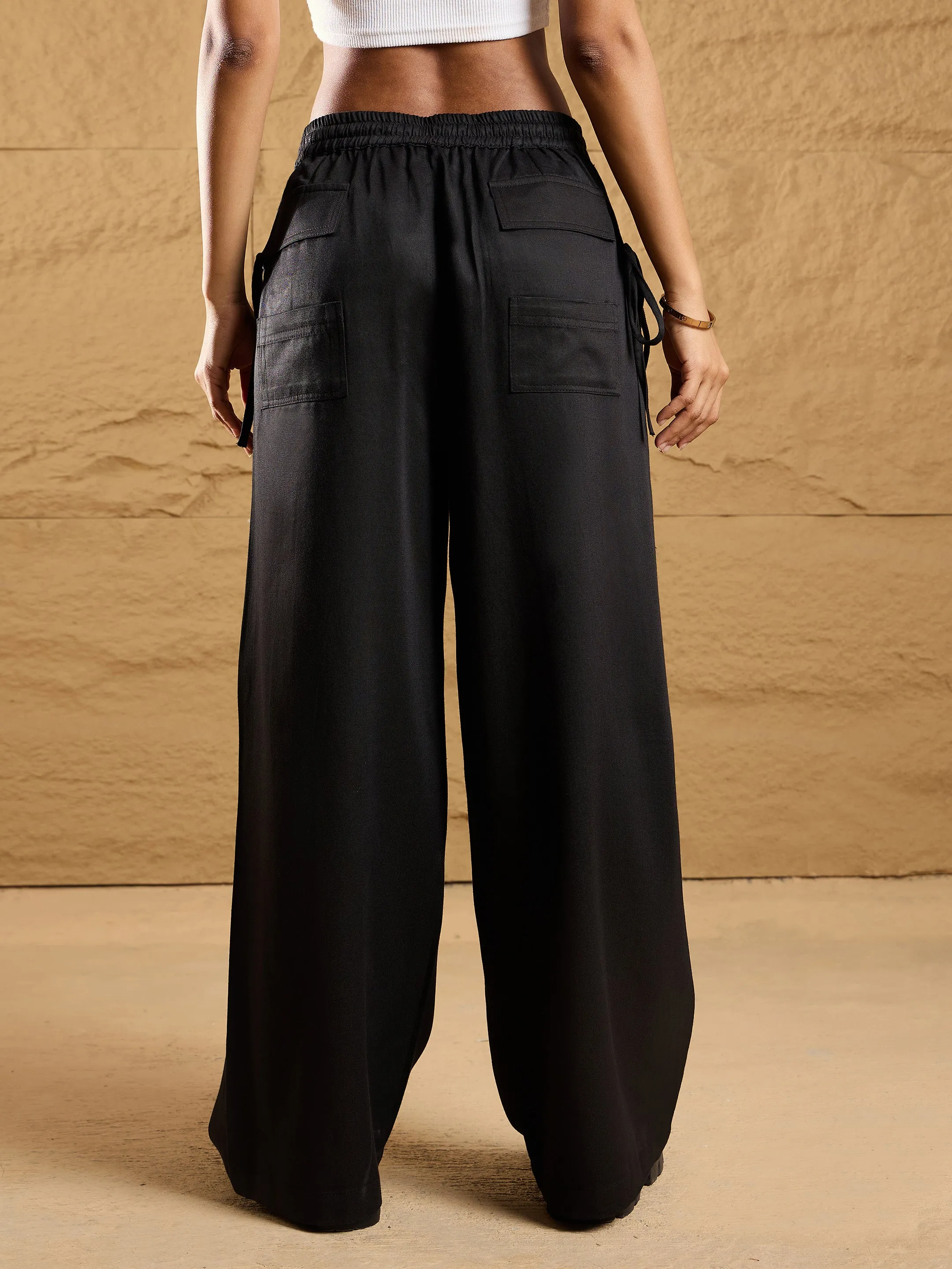 Women Black Waist Drawstring Cargo Pants