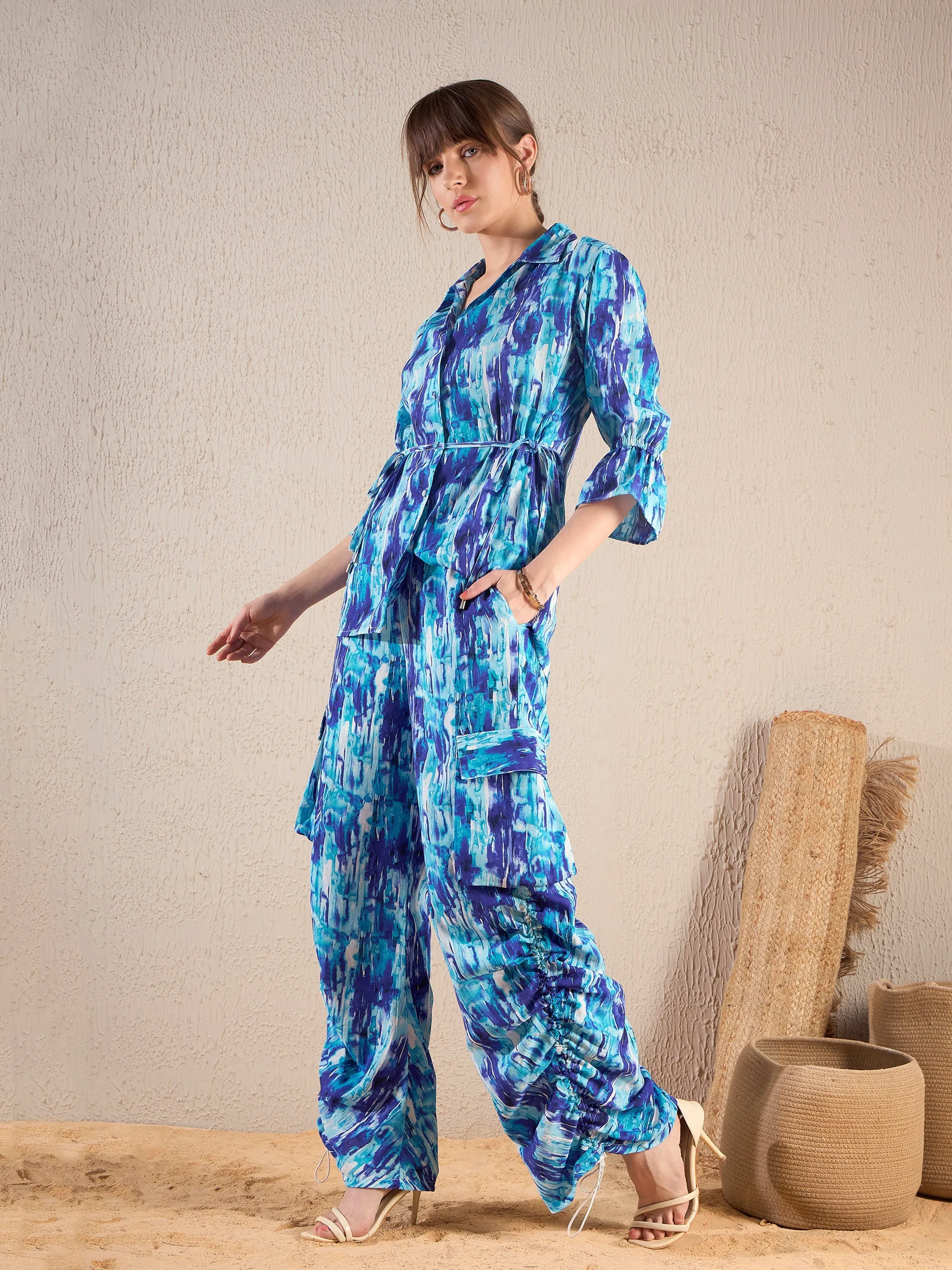 Women Blue Brushstroke Tie Shirt With Ruched Cargo Pants