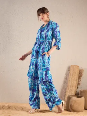 Women Blue Brushstroke Tie Shirt With Ruched Cargo Pants