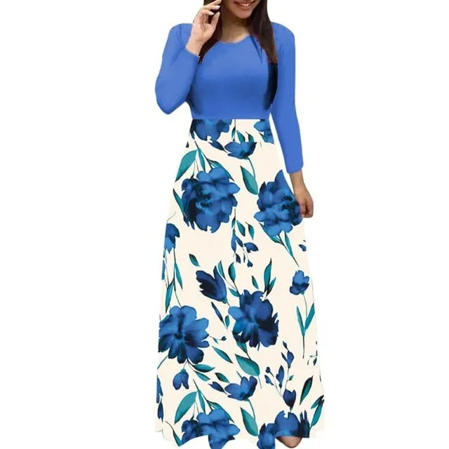 Women dress Long Sleeve Printed patchwork Elegant Vintage Maxi Dress Ladies summer Casual vestido floral