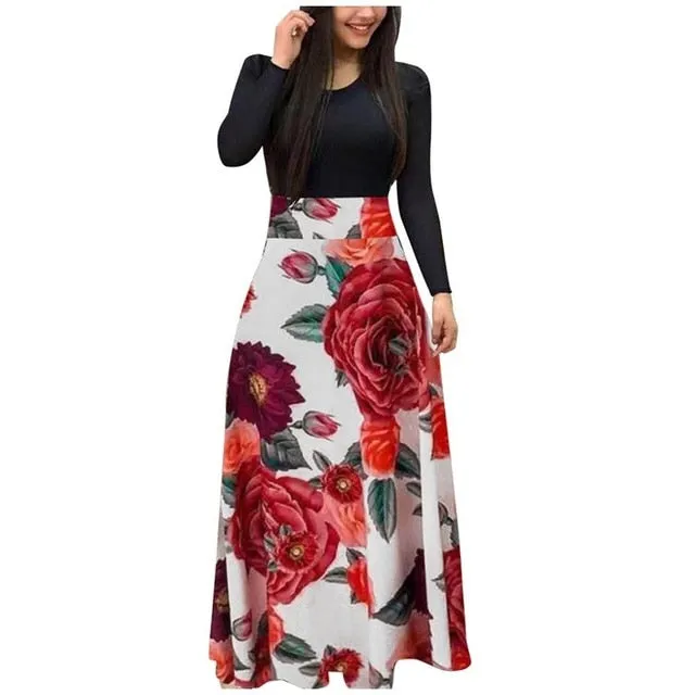 Women dress Long Sleeve Printed patchwork Elegant Vintage Maxi Dress Ladies summer Casual vestido floral