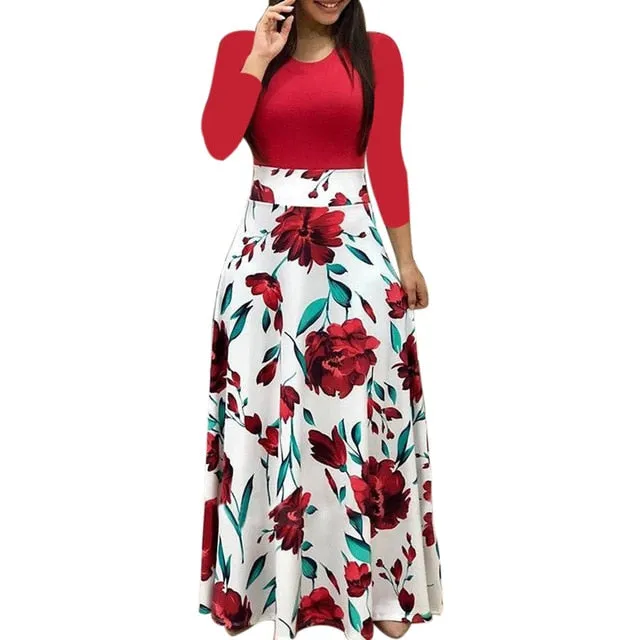 Women dress Long Sleeve Printed patchwork Elegant Vintage Maxi Dress Ladies summer Casual vestido floral