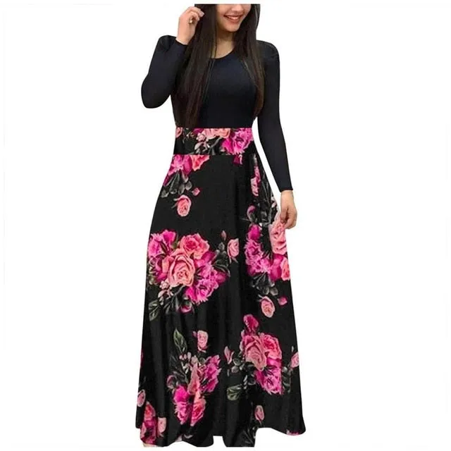 Women dress Long Sleeve Printed patchwork Elegant Vintage Maxi Dress Ladies summer Casual vestido floral