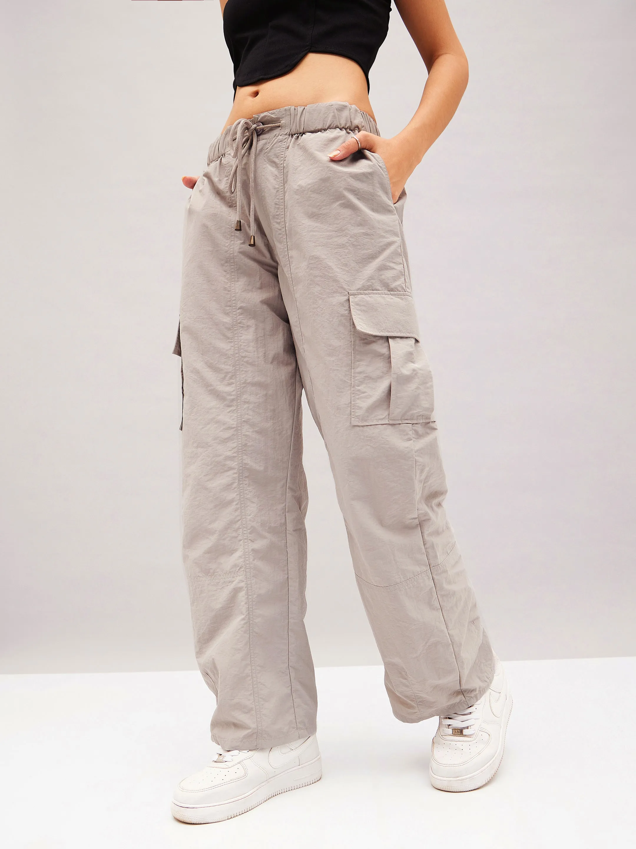 Women Light Grey Flap Pocket Cargo Parachute Pants