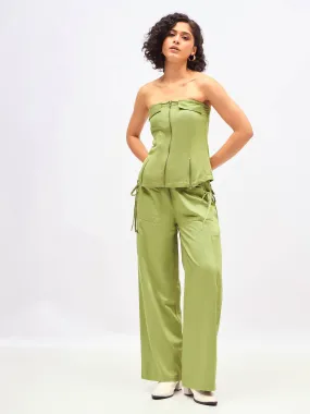 Women Olive Twill Front Zip Corset Top With Cargo Pants