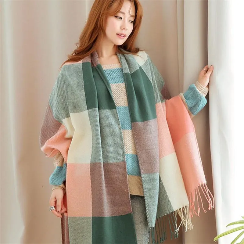 Women Winter Warm Plaid Tassel Long Scarf 200x60cm