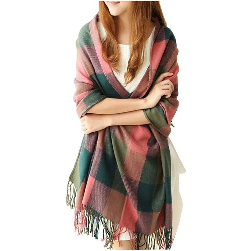 Women Winter Warm Plaid Tassel Long Scarf 200x60cm