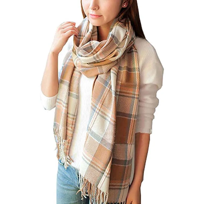 Women Winter Warm Plaid Tassel Long Scarf 200x60cm