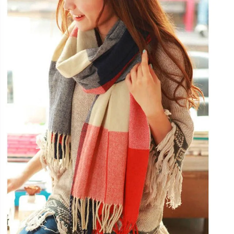 Women Winter Warm Plaid Tassel Long Scarf 200x60cm