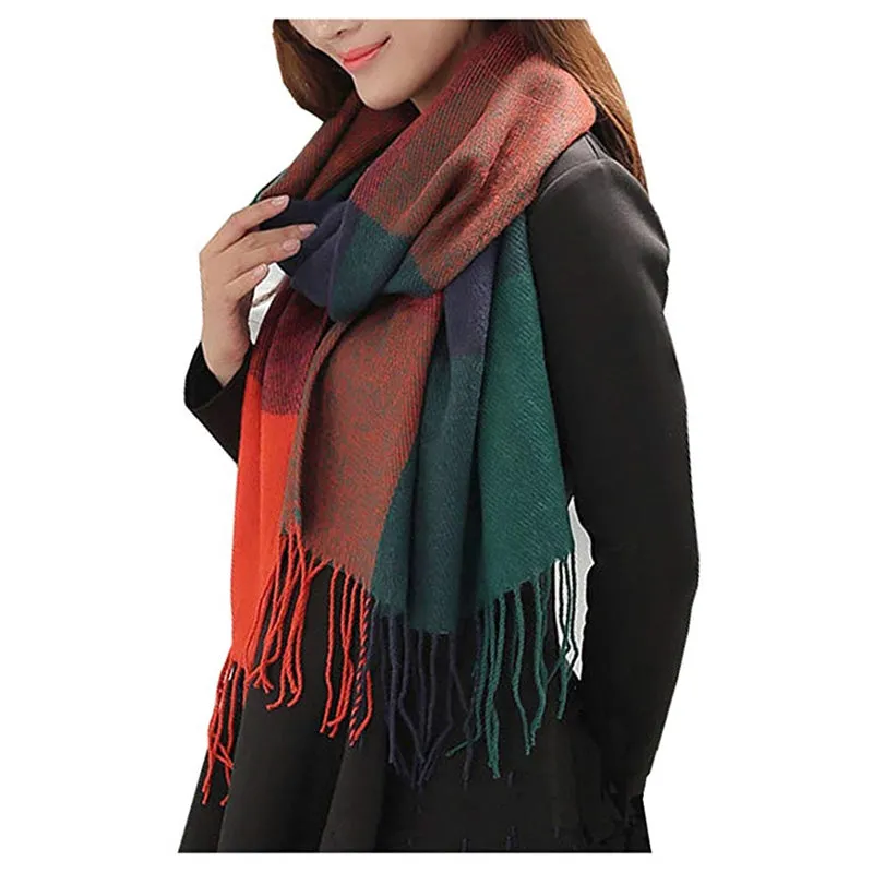 Women Winter Warm Plaid Tassel Long Scarf 200x60cm