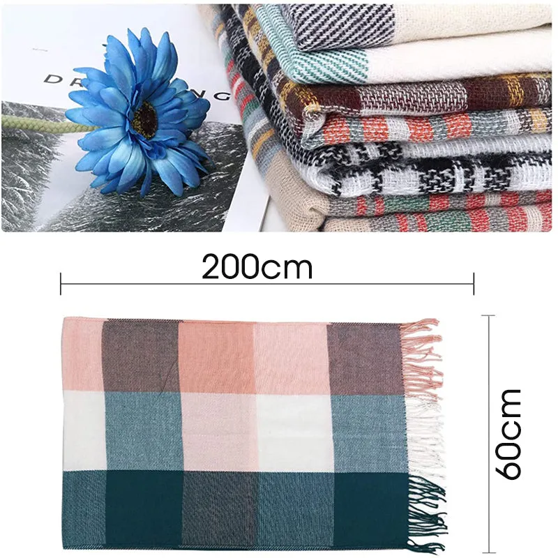 Women Winter Warm Plaid Tassel Long Scarf 200x60cm