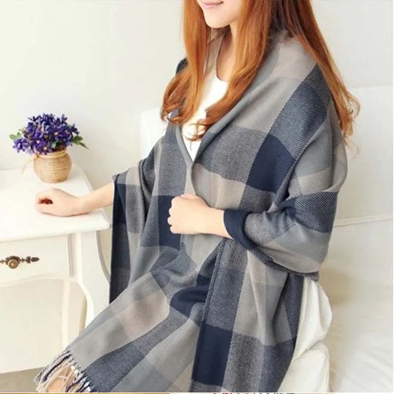 Women Winter Warm Plaid Tassel Long Scarf 200x60cm