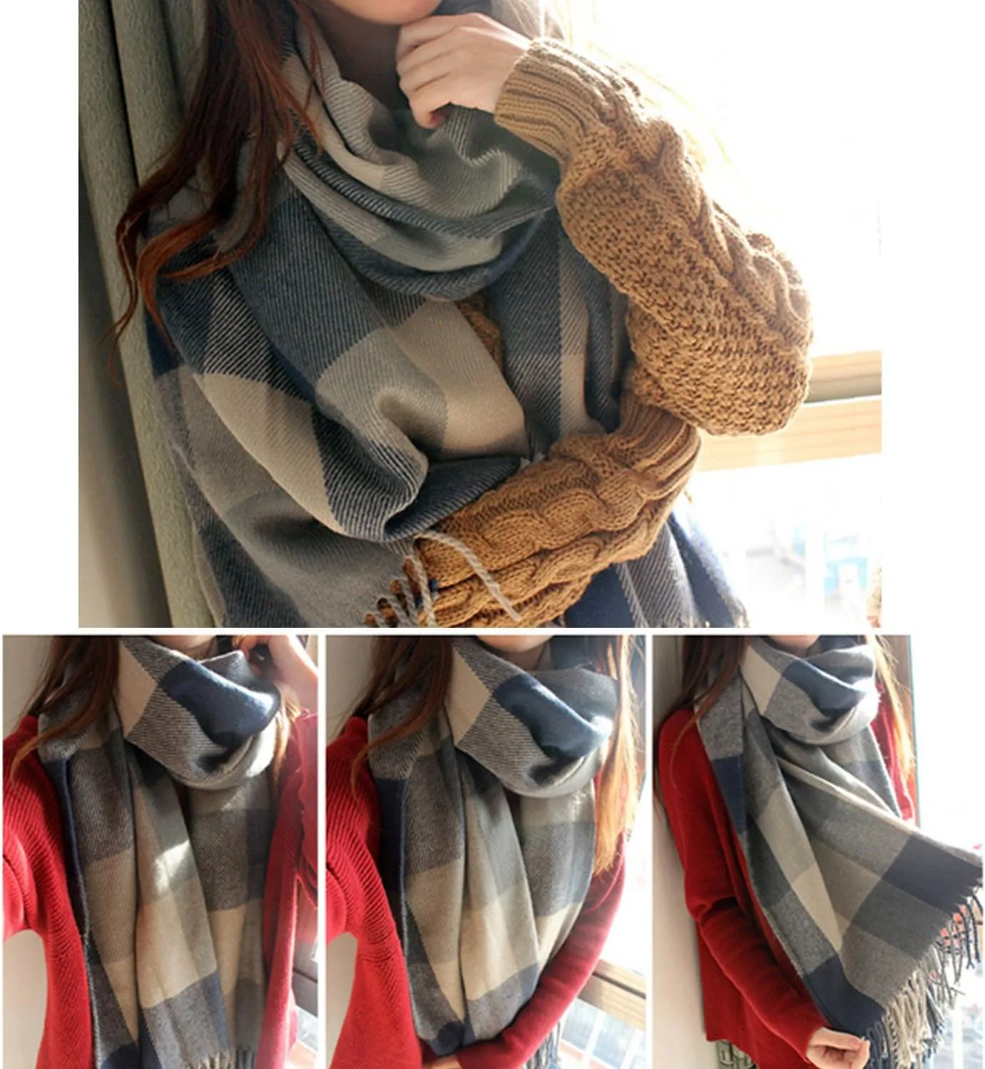 Women's Long Plaid Blanket Chunky Oversized Winter Fall Warm Scarf