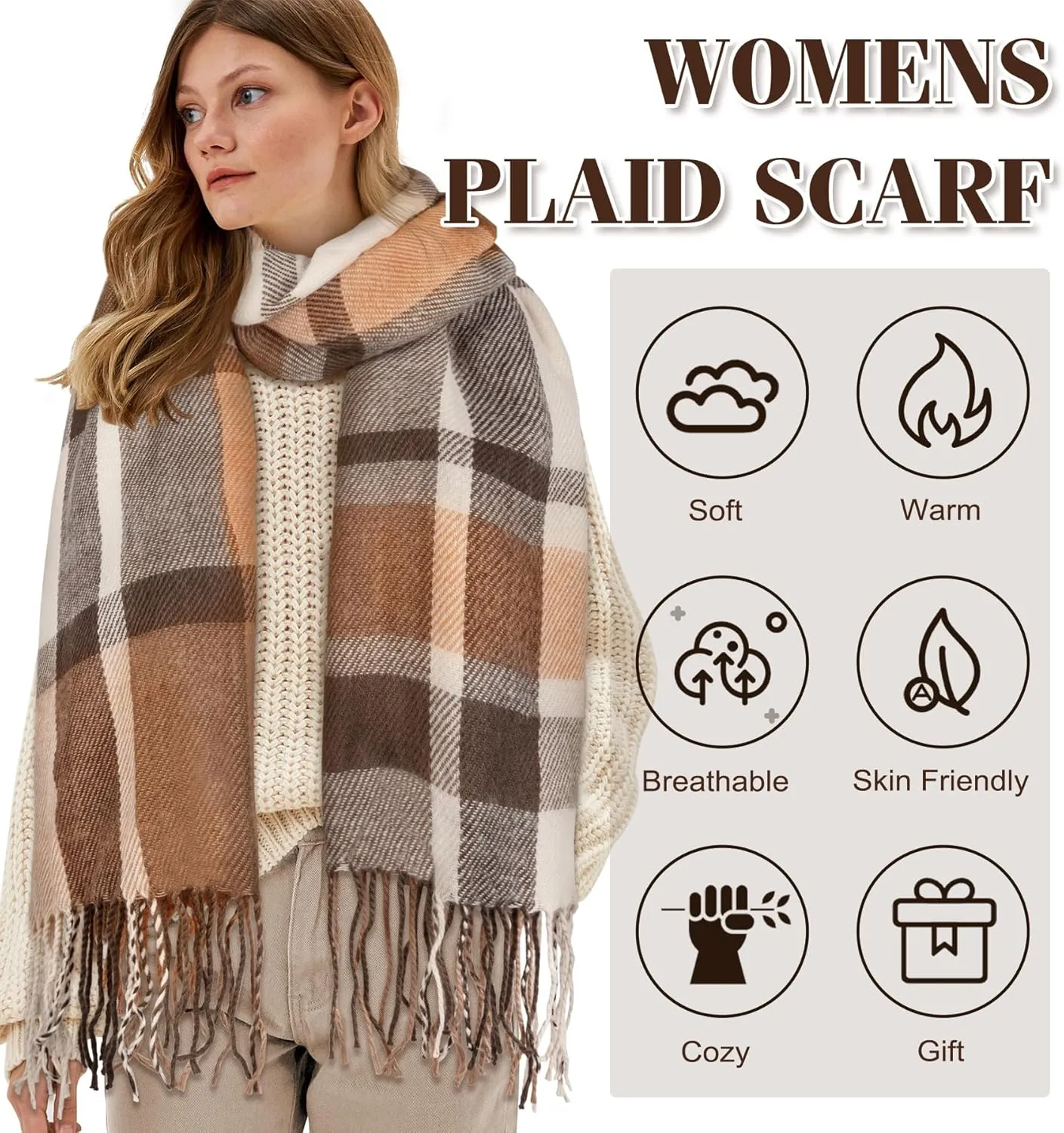 Women's Long Plaid Blanket Chunky Oversized Winter Fall Warm Scarf