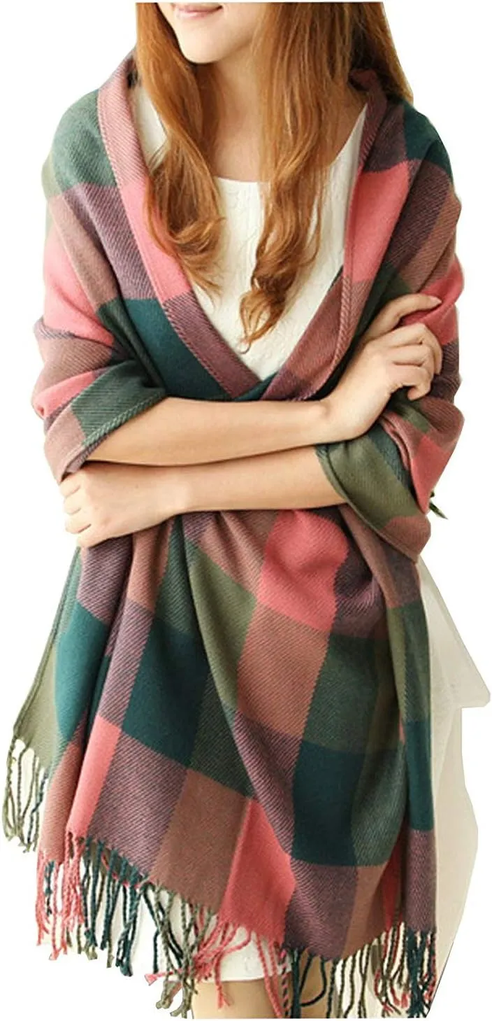 Women's Long Plaid Blanket Chunky Oversized Winter Fall Warm Scarf