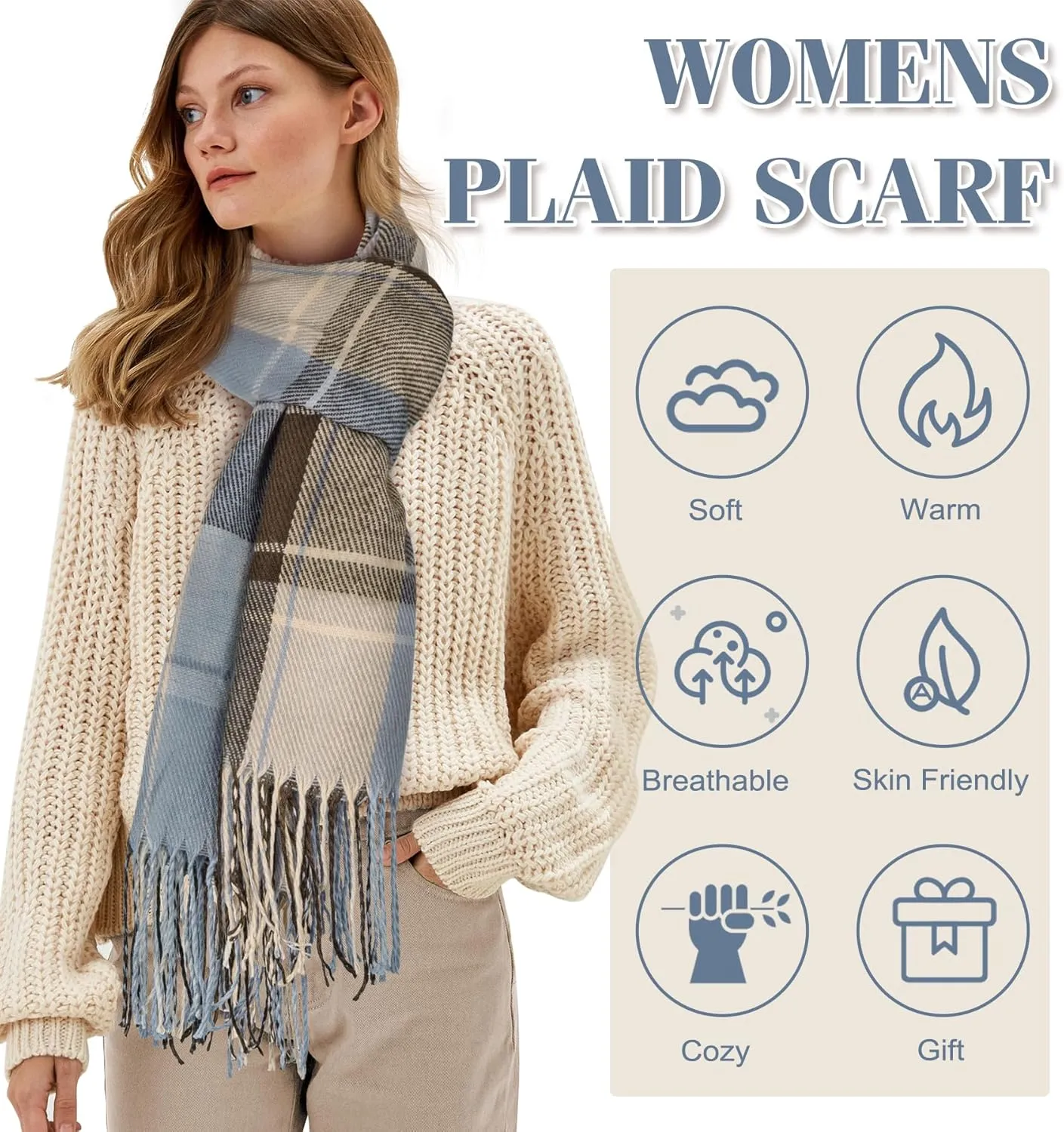 Women's Long Plaid Blanket Chunky Oversized Winter Fall Warm Scarf