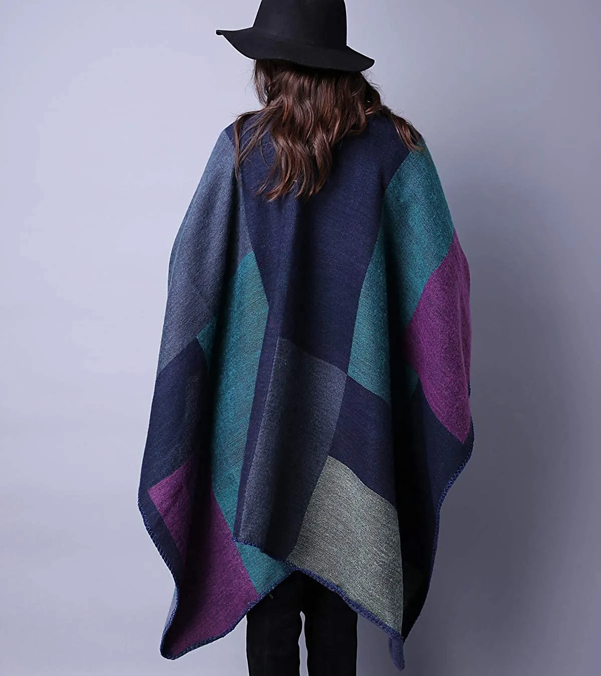 Women's Printed Shawl Wrap Open Front Poncho Cape Geometric Block