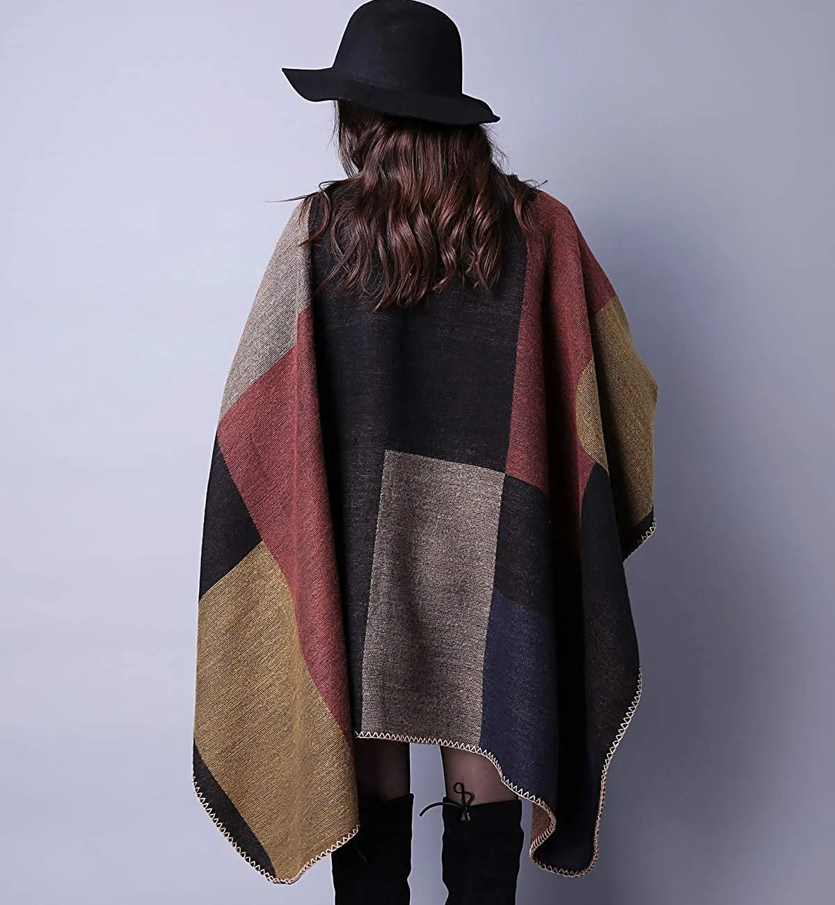 Women's Printed Shawl Wrap Open Front Poncho Cape Geometric Block