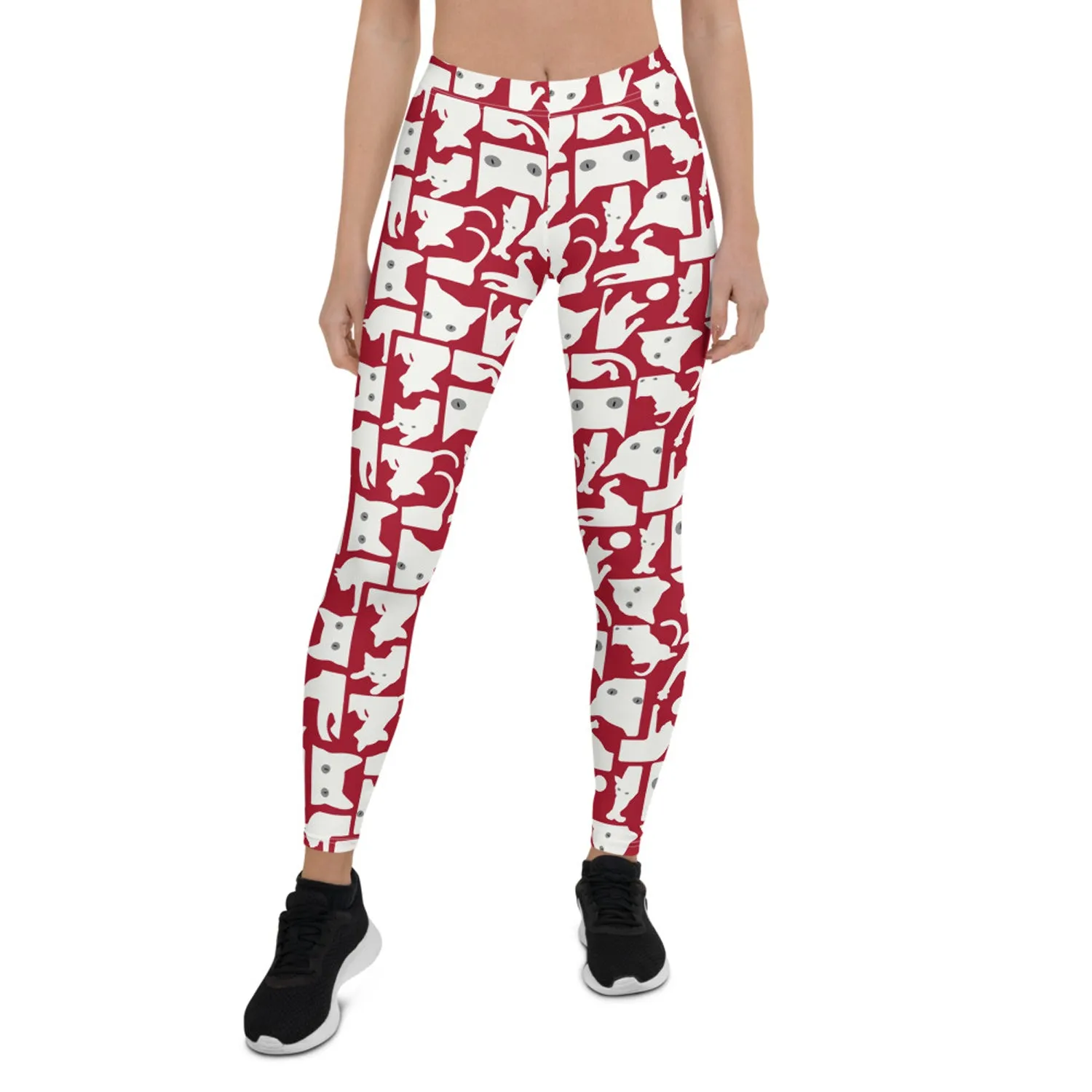 Womens White Cat Silhouette on Red Leggings