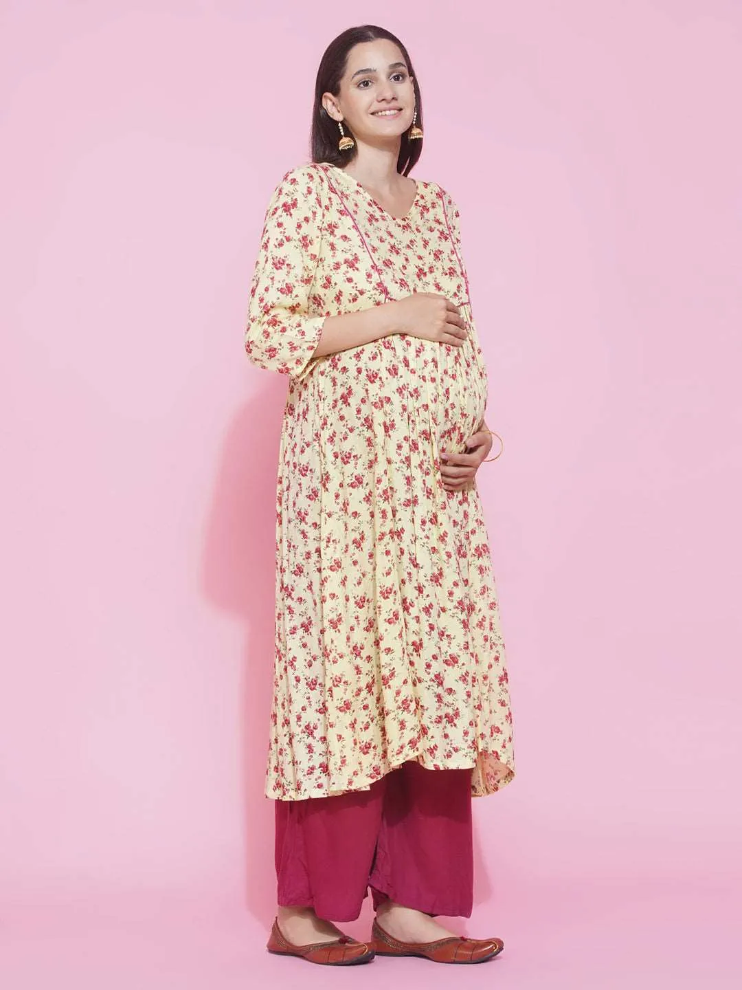 Yellow Floral A-Line Maternity and Feeding Kurta