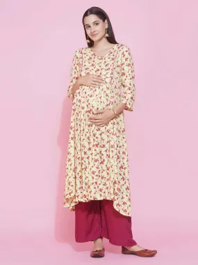 Yellow Floral A-Line Maternity and Feeding Kurta