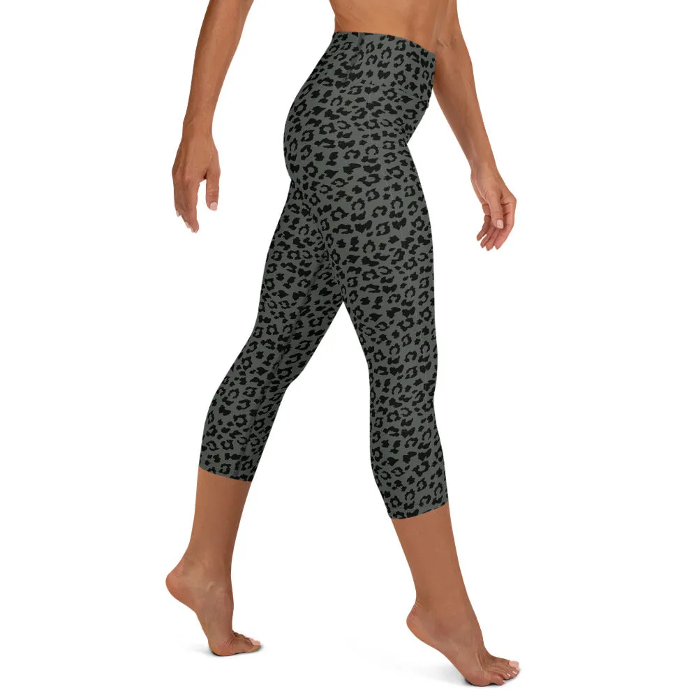 Yoga Capri Leggings in Dark Muted Green Leopard