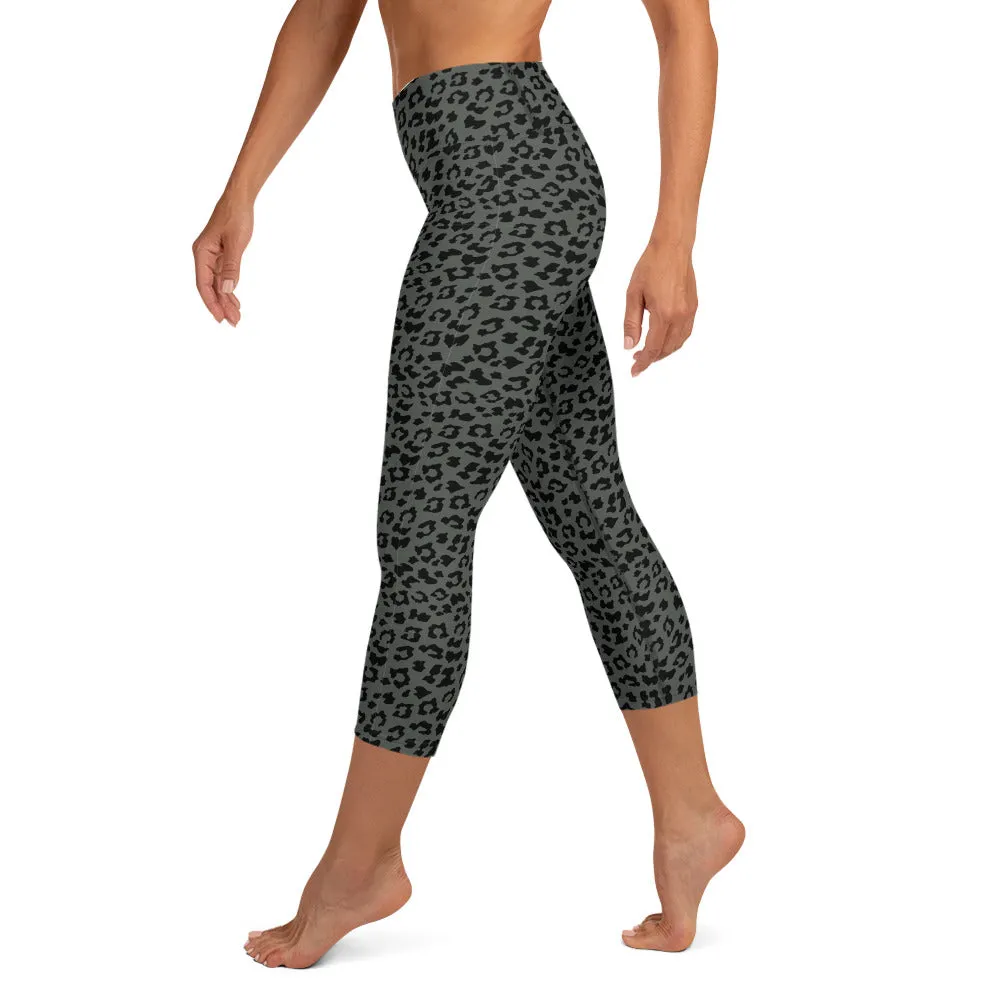 Yoga Capri Leggings in Dark Muted Green Leopard